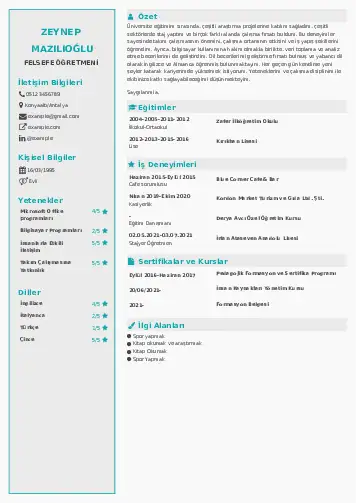 Felsefe Öğretmeni CV Örnekleri cv indir